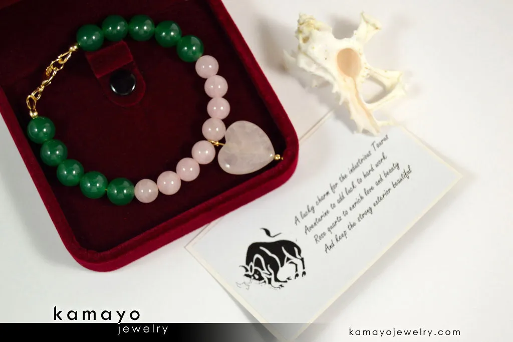 TAURUS BRACELET - Heart Rose Quartz Pendant and Green Aventurine Beads