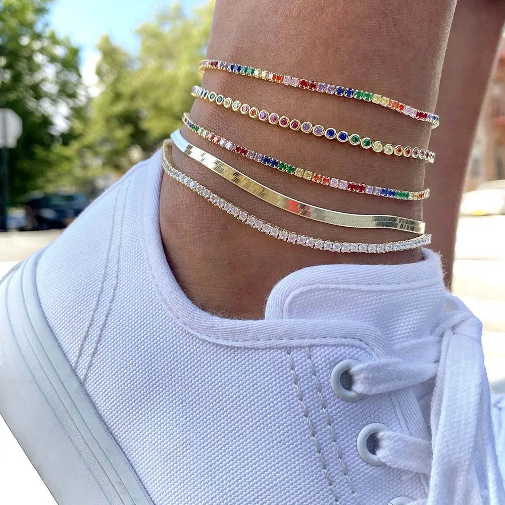 Thin Bezel Rainbow Tennis Anklet