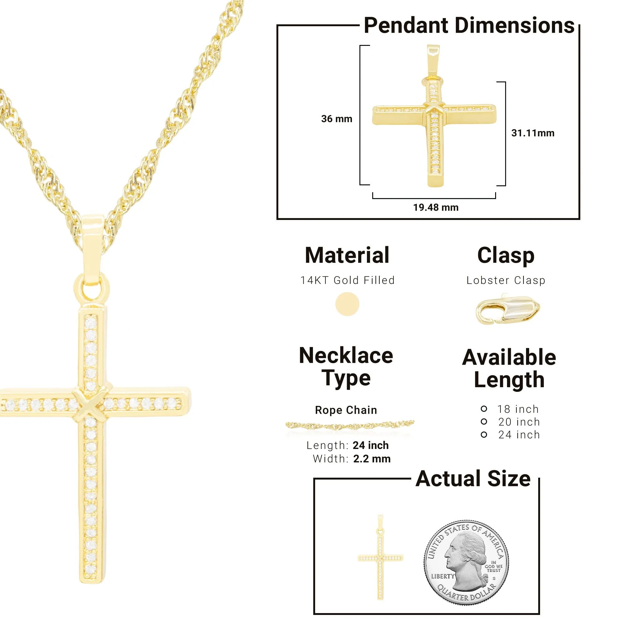 Thin Cross Cubic Zirconia Pendant With Necklace Set 14K Gold Filled