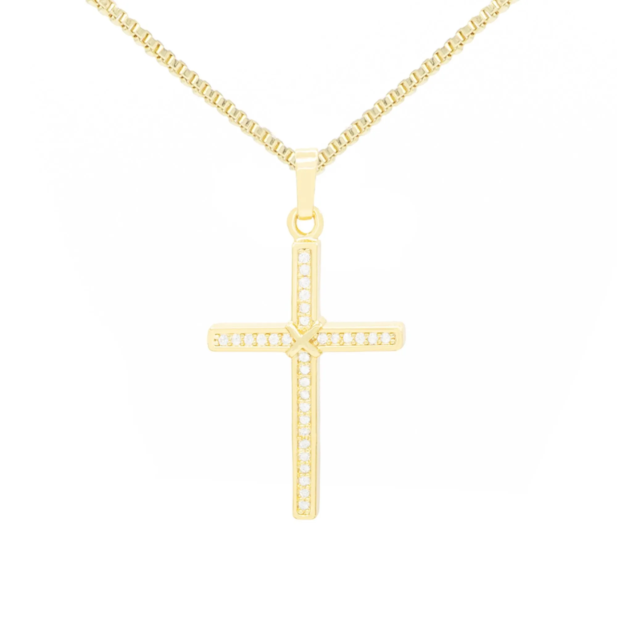 Thin Cross Cubic Zirconia Pendant With Necklace Set 14K Gold Filled
