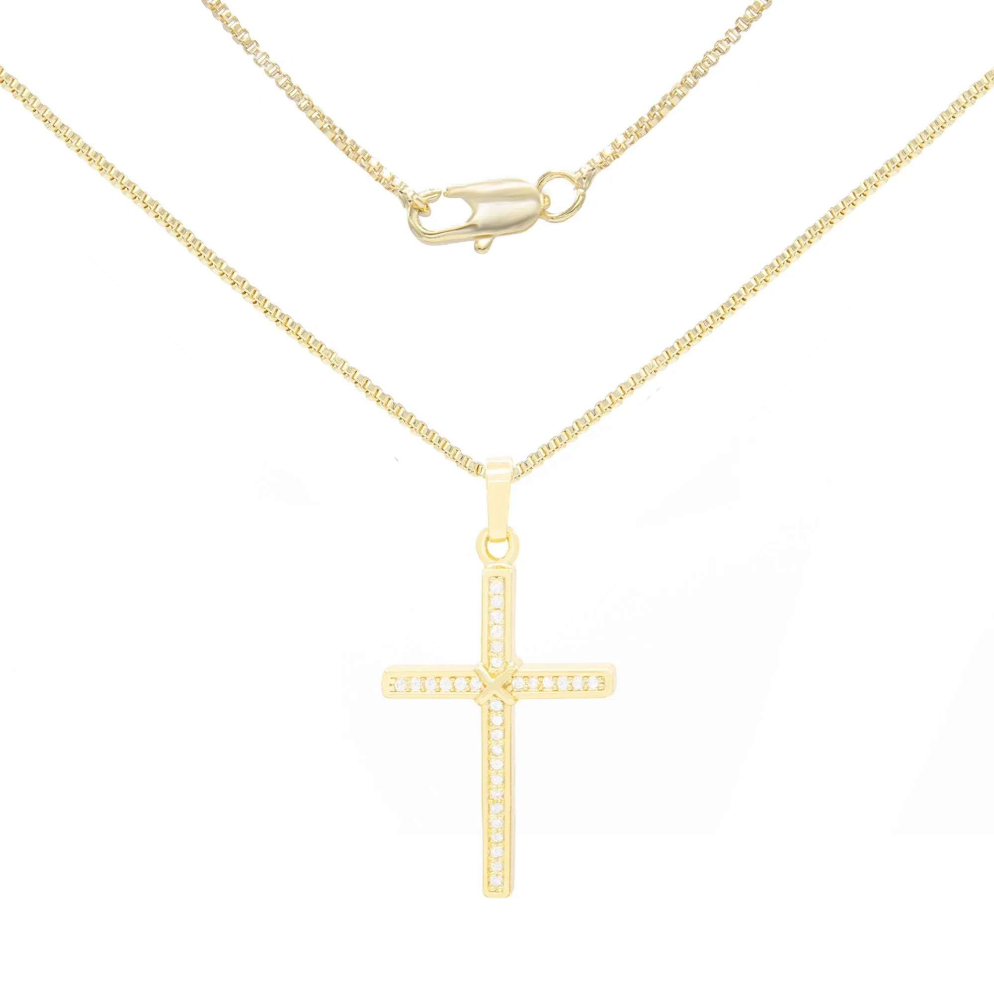 Thin Cross Cubic Zirconia Pendant With Necklace Set 14K Gold Filled