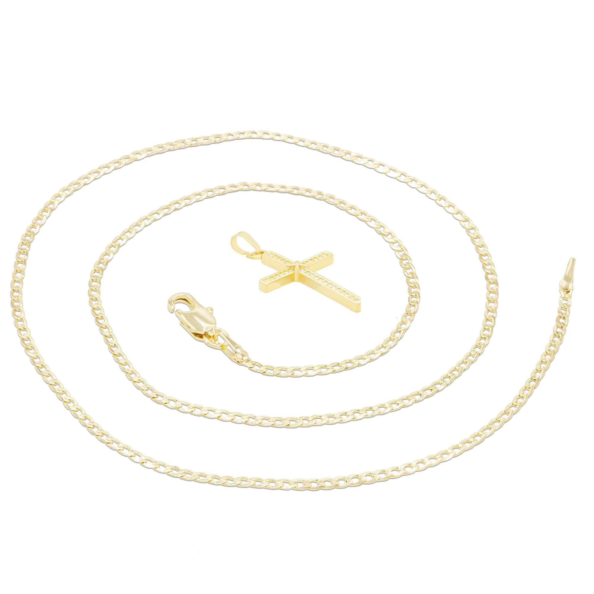 Thin Cross Cubic Zirconia Pendant With Necklace Set 14K Gold Filled