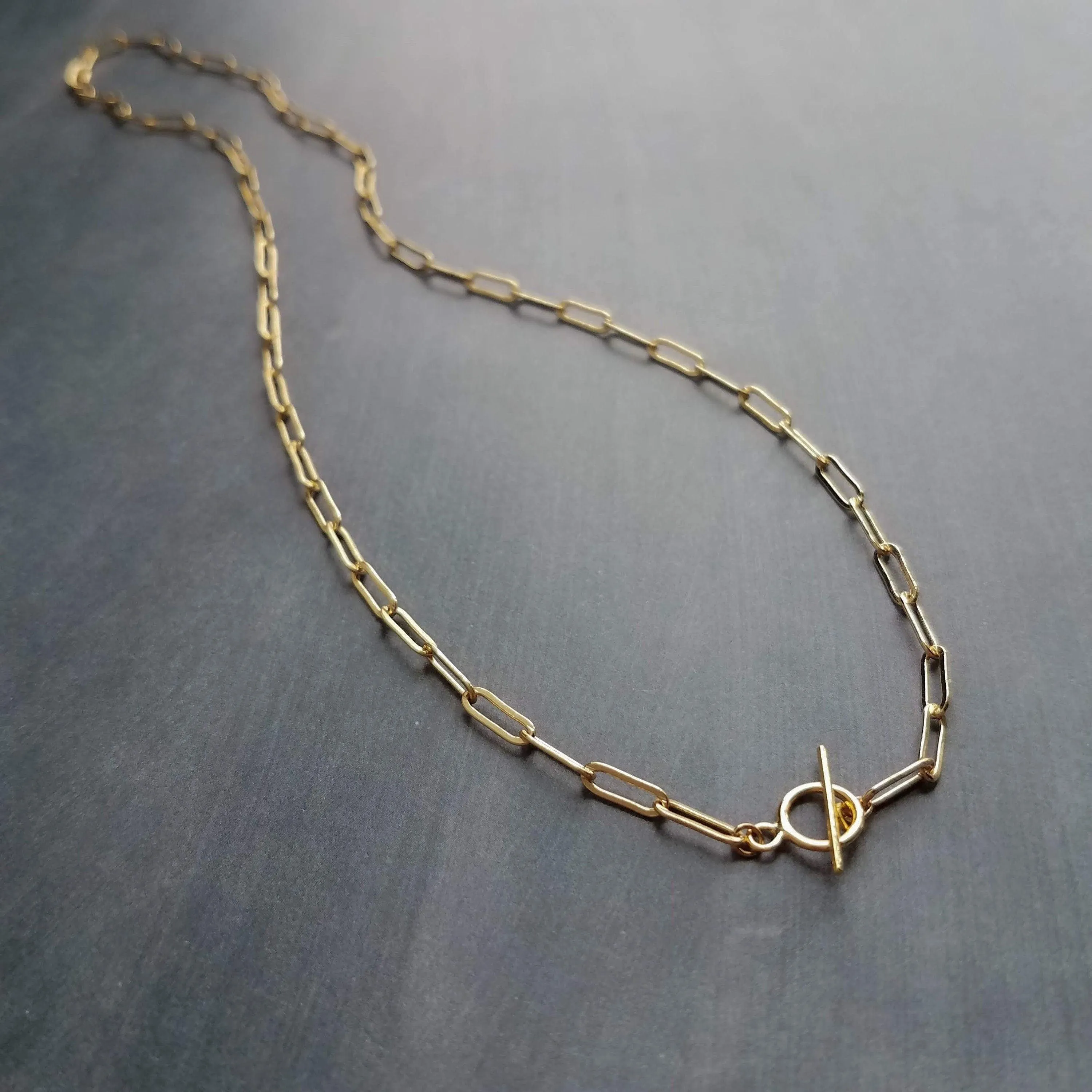 Tiny Gold Oval Link Chain, front toggle clasp, front clasp, small paperclip chain, tiny toggle clasp, little oval chain front clasp necklace