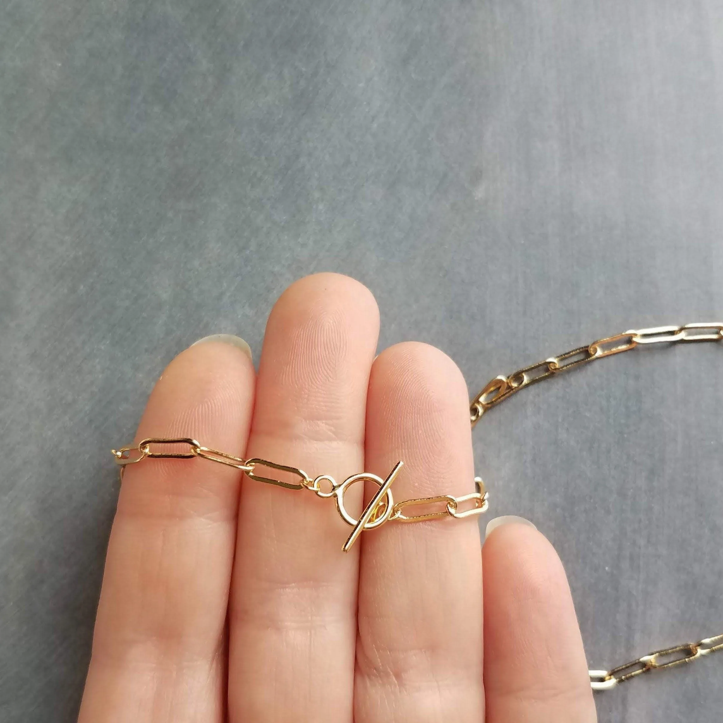 Tiny Gold Oval Link Chain, front toggle clasp, front clasp, small paperclip chain, tiny toggle clasp, little oval chain front clasp necklace
