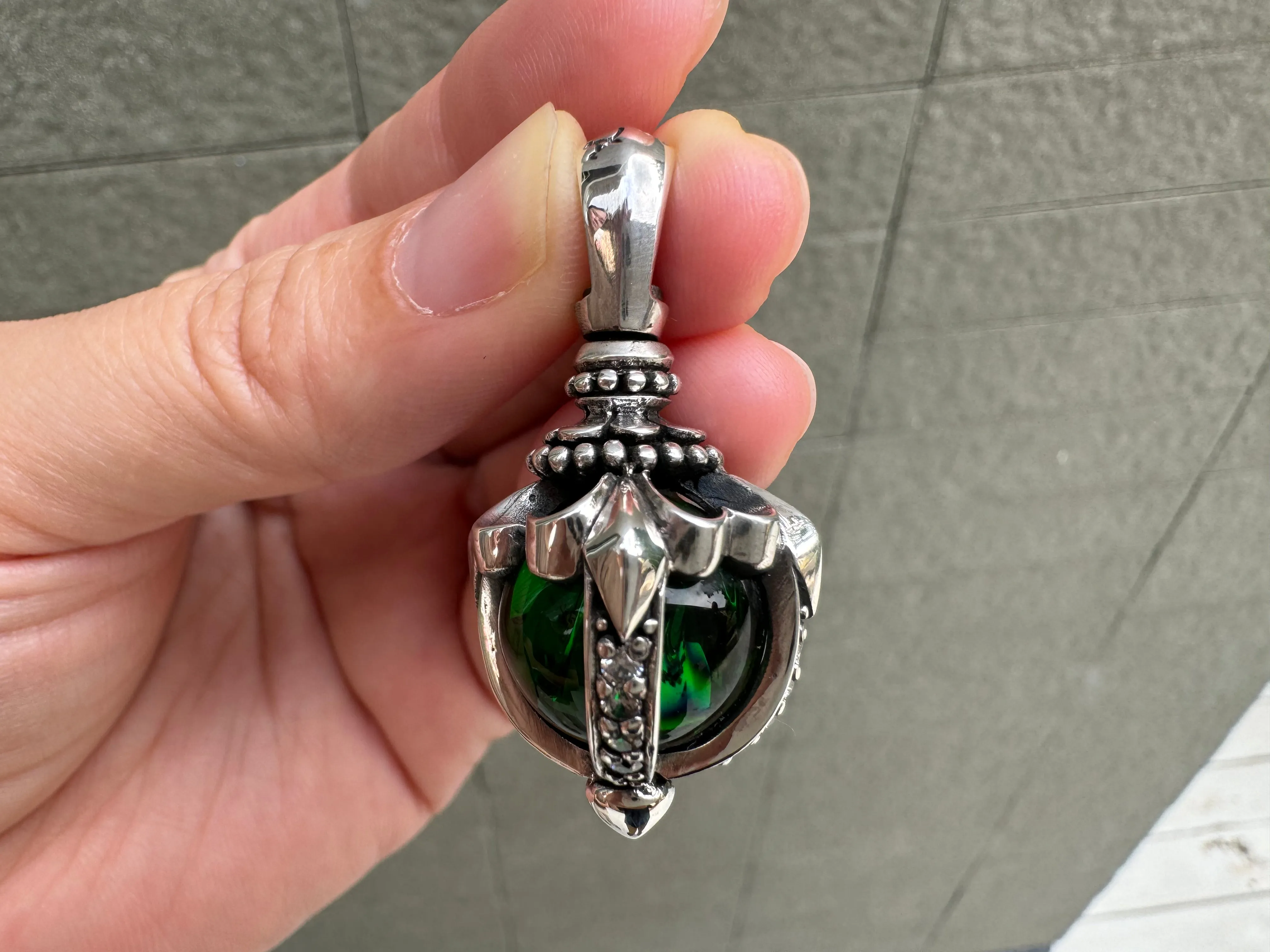 Tribal Green Moonstone Sterling Silver Gothic Pendant