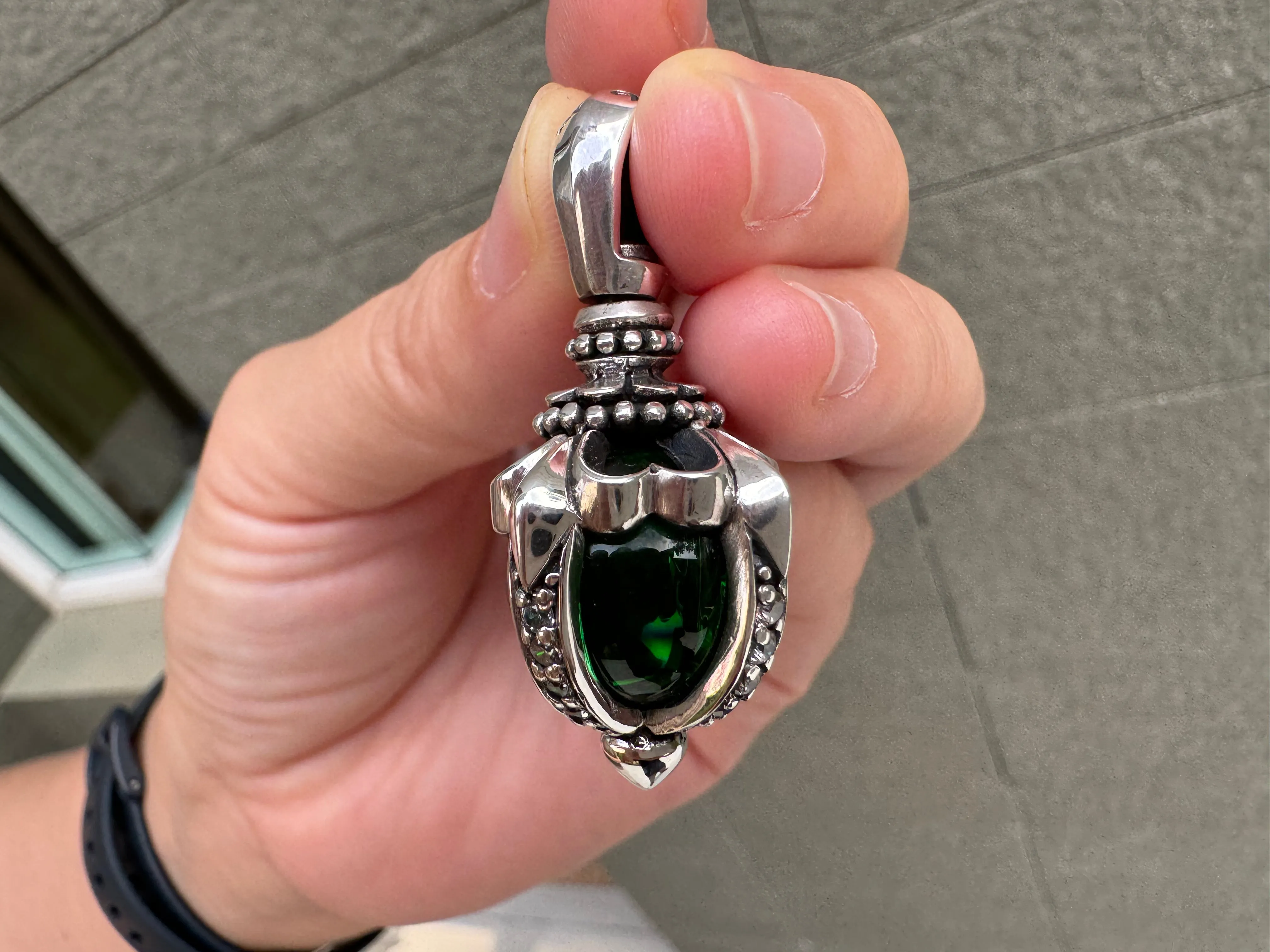 Tribal Green Moonstone Sterling Silver Gothic Pendant