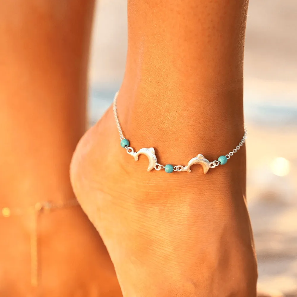 Turquoise & Silver Dolphin Love Chain Anklet