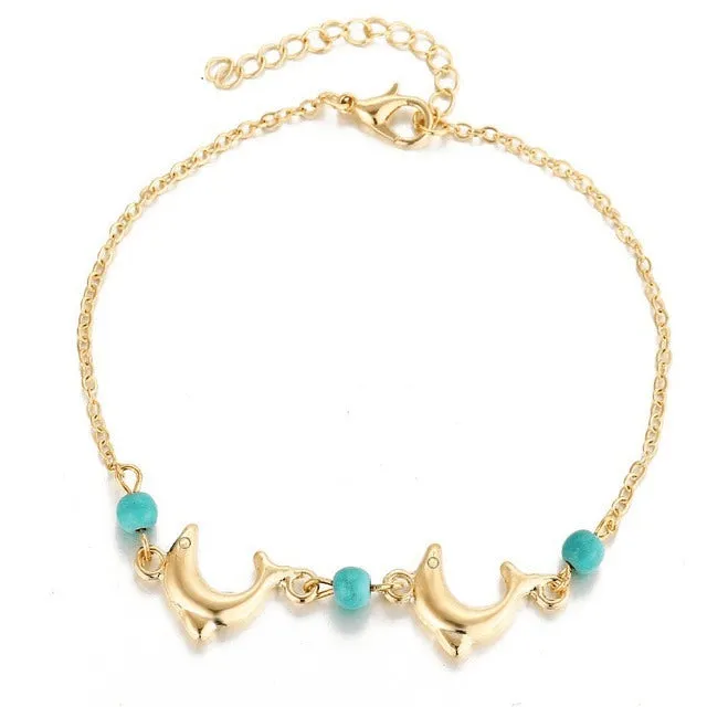 Turquoise & Silver Dolphin Love Chain Anklet