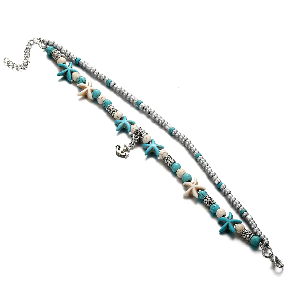 Turquoise & Silver-Plated Beaded Anchor Layered Anklet