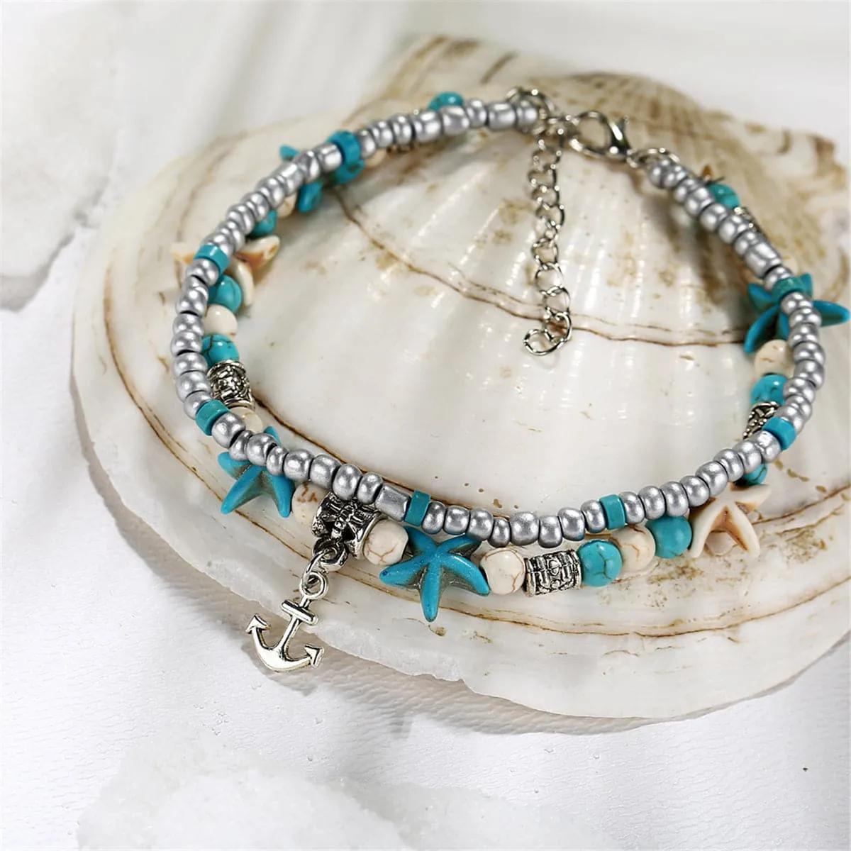 Turquoise & Silver-Plated Beaded Anchor Layered Anklet