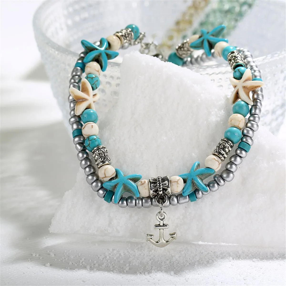 Turquoise & Silver-Plated Beaded Anchor Layered Anklet