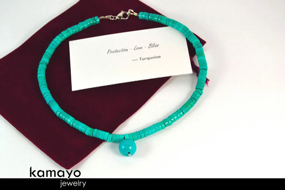 TURQUOISE NECKLACE - Womens' Beaded Choker - Round Pendant and Disc Stone Beads