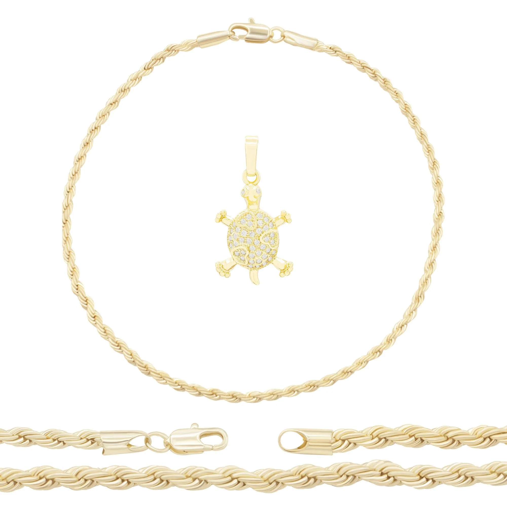 Turtle Pendant 14K Anklet Gold Filled Cubic Zirconia Charm Rope Chain Set 10" WomenJewelry