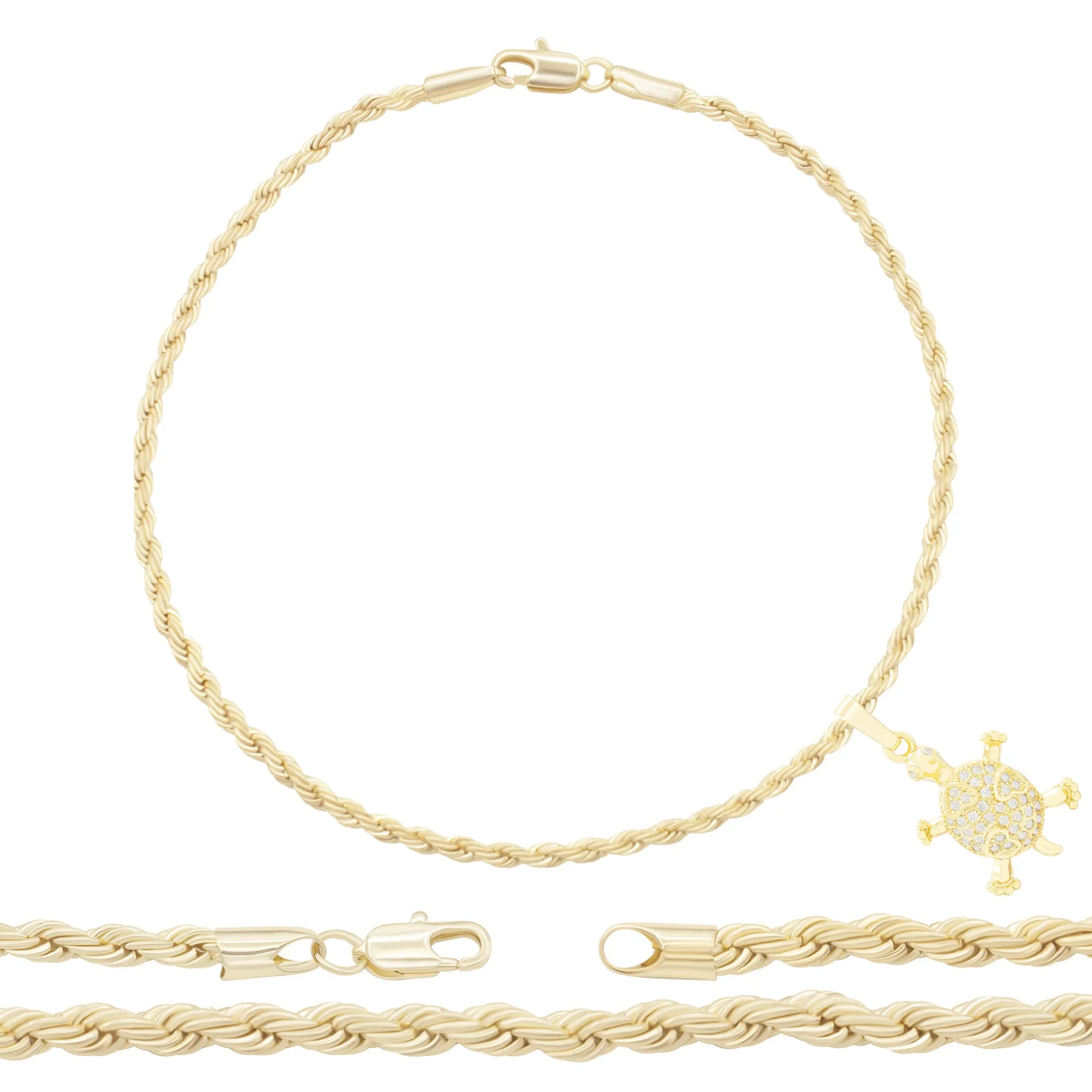 Turtle Pendant 14K Anklet Gold Filled Cubic Zirconia Charm Rope Chain Set 10" WomenJewelry