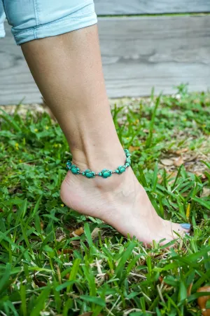 Turtle Turquoise Beaded Boho Silver Anklet