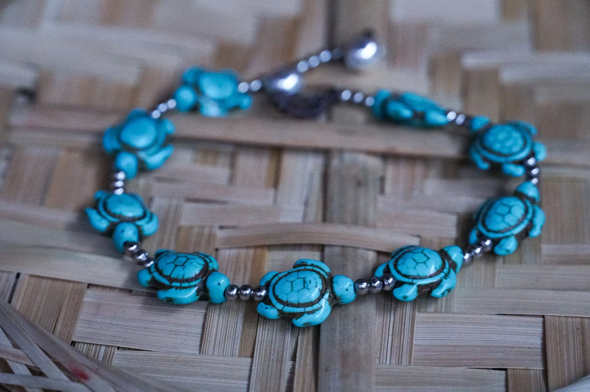 Turtle Turquoise Beaded Boho Silver Anklet