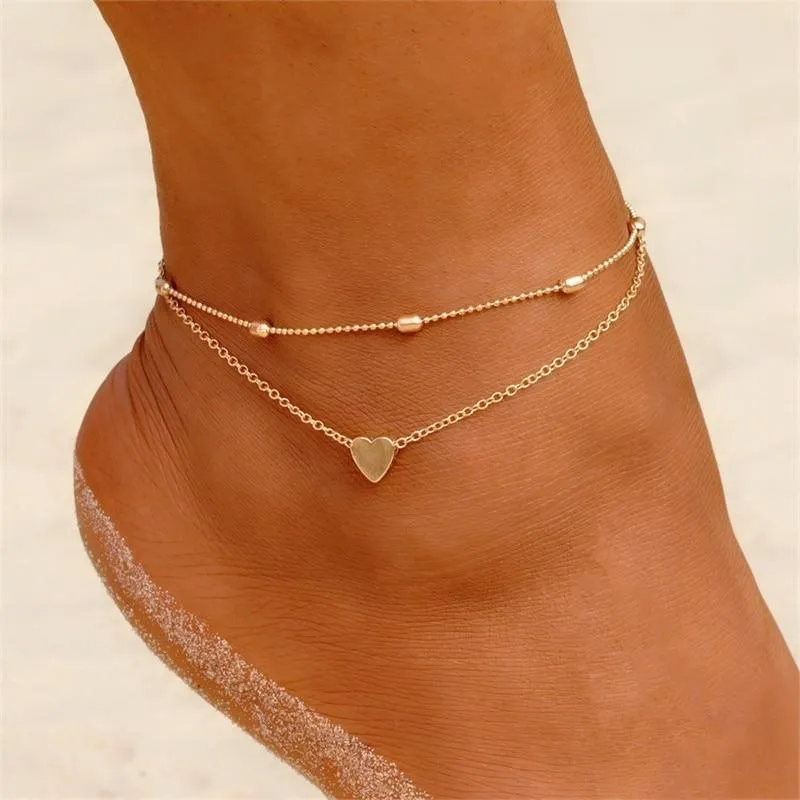 Two Layers Chain Heart Style Gold/Silver Color Anklets Brecelets  For Women Jewelry On Foot Leg Brecelets