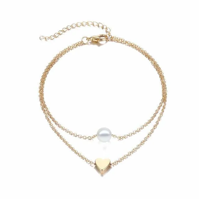 Two Layers Chain Heart Style Gold/Silver Color Anklets Brecelets  For Women Jewelry On Foot Leg Brecelets