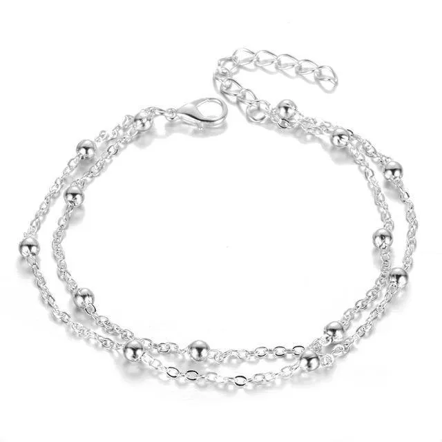 Two Layers Chain Heart Style Gold/Silver Color Anklets Brecelets  For Women Jewelry On Foot Leg Brecelets