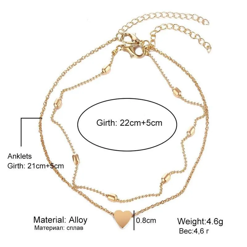 Two Layers Chain Heart Style Gold/Silver Color Anklets Brecelets  For Women Jewelry On Foot Leg Brecelets