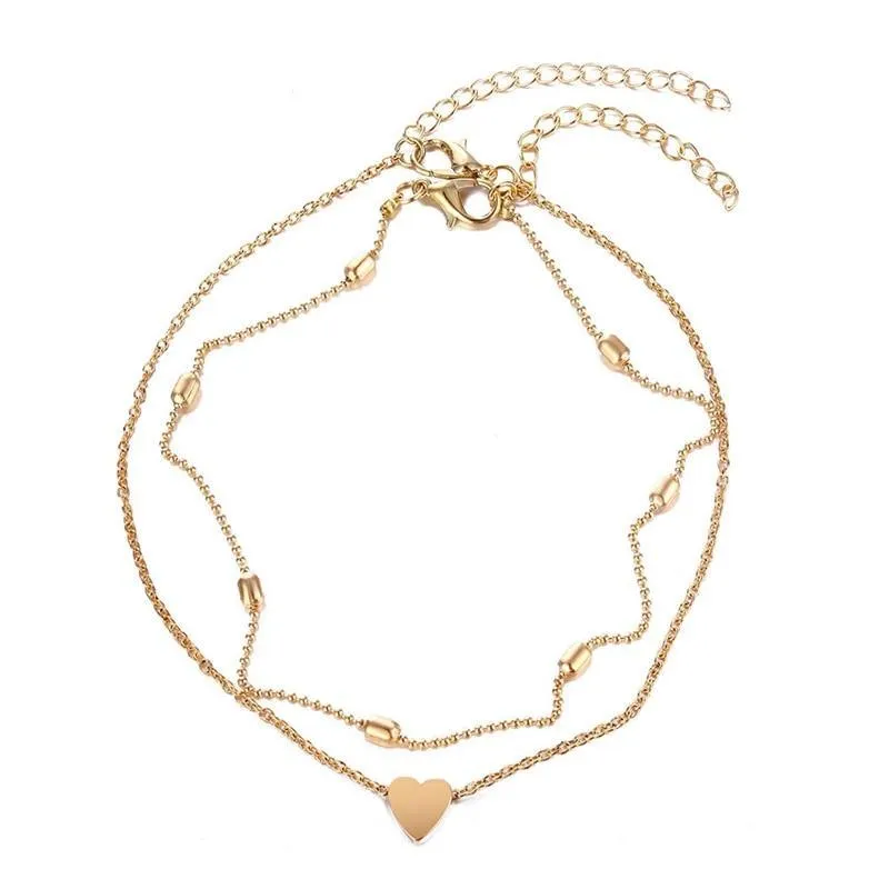 Two Layers Chain Heart Style Gold/Silver Color Anklets Brecelets  For Women Jewelry On Foot Leg Brecelets