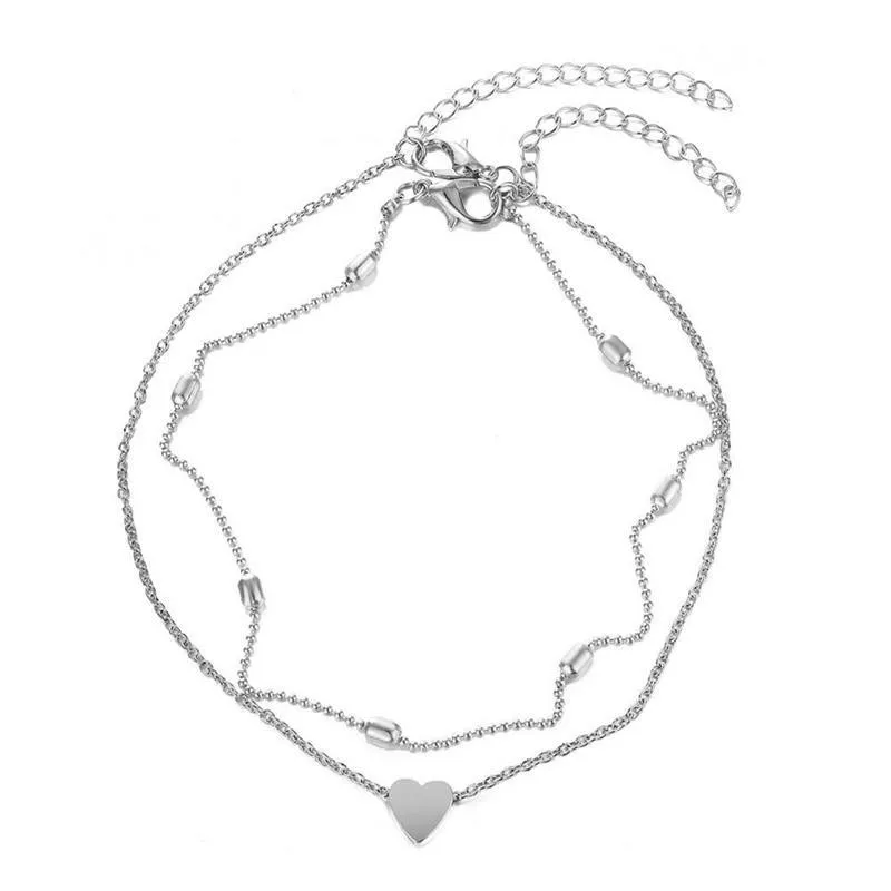 Two Layers Chain Heart Style Gold/Silver Color Anklets Brecelets  For Women Jewelry On Foot Leg Brecelets