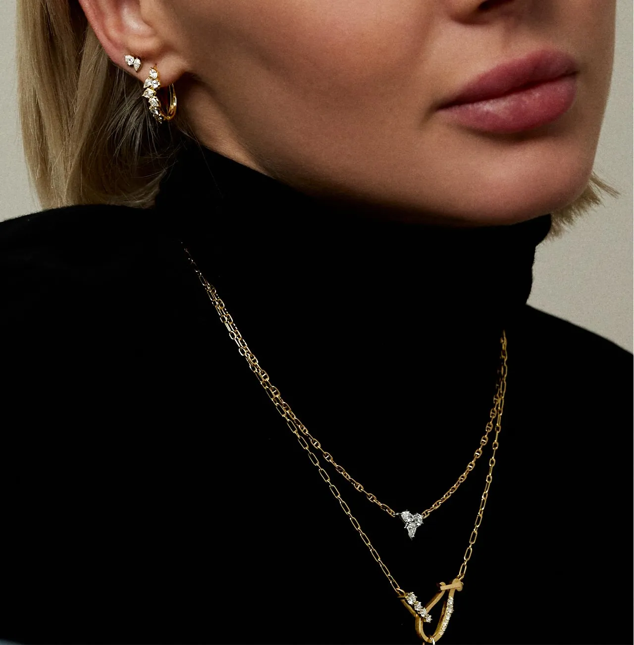 Two-Tone "Poppy" Three Diamond Cluster Pendant Necklace