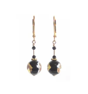 Venetian Glass Black Silver Gold Earrings, Italian Glass Jewelry