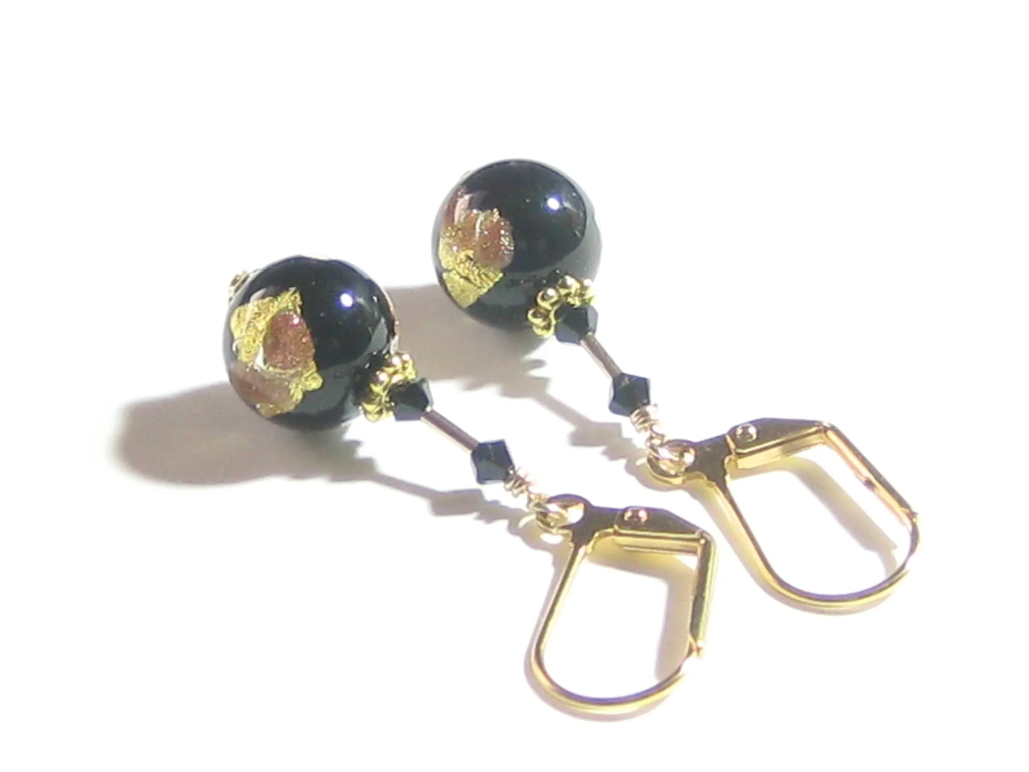 Venetian Glass Black Silver Gold Earrings, Italian Glass Jewelry