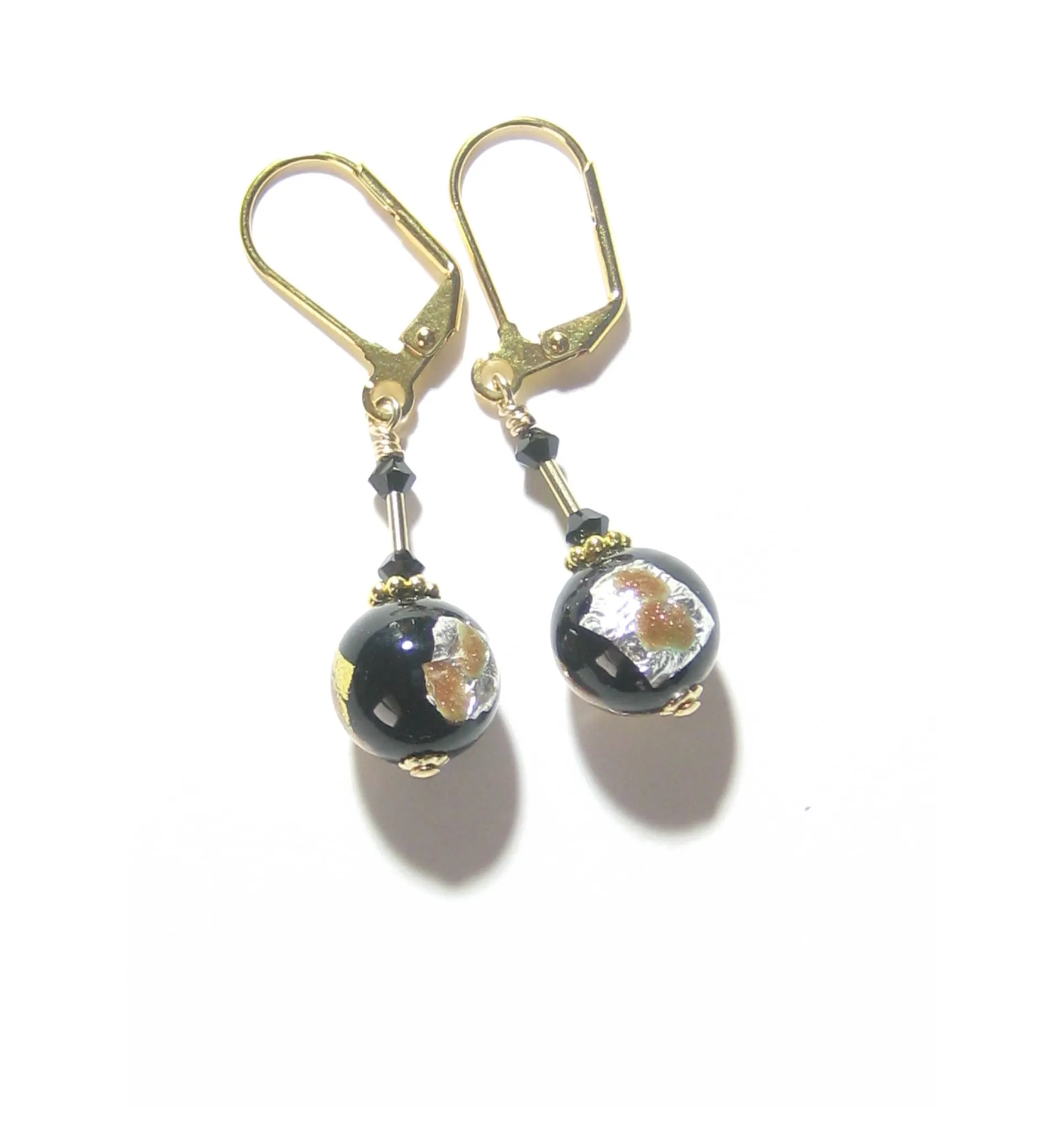 Venetian Glass Black Silver Gold Earrings, Italian Glass Jewelry