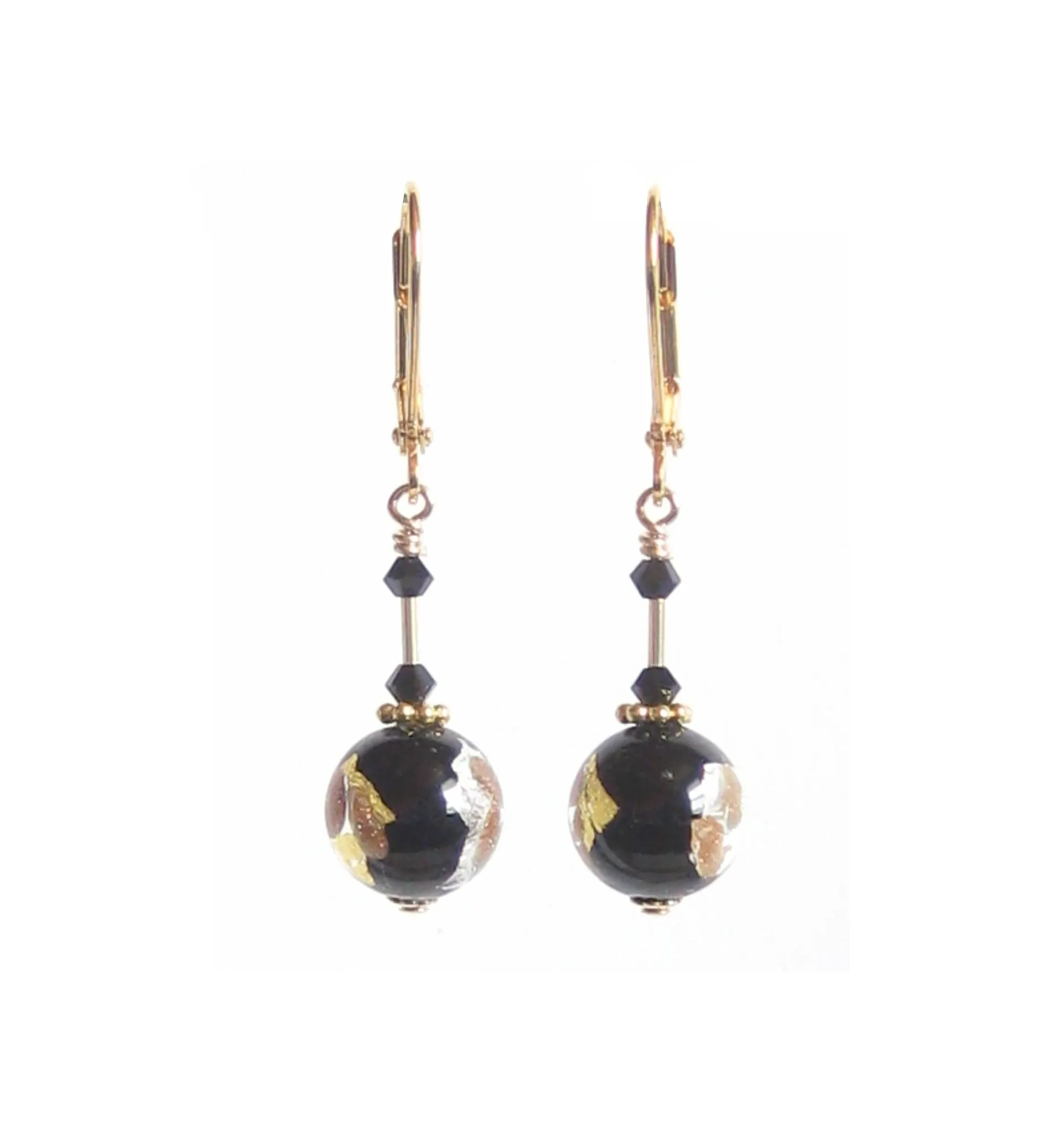 Venetian Glass Black Silver Gold Earrings, Italian Glass Jewelry