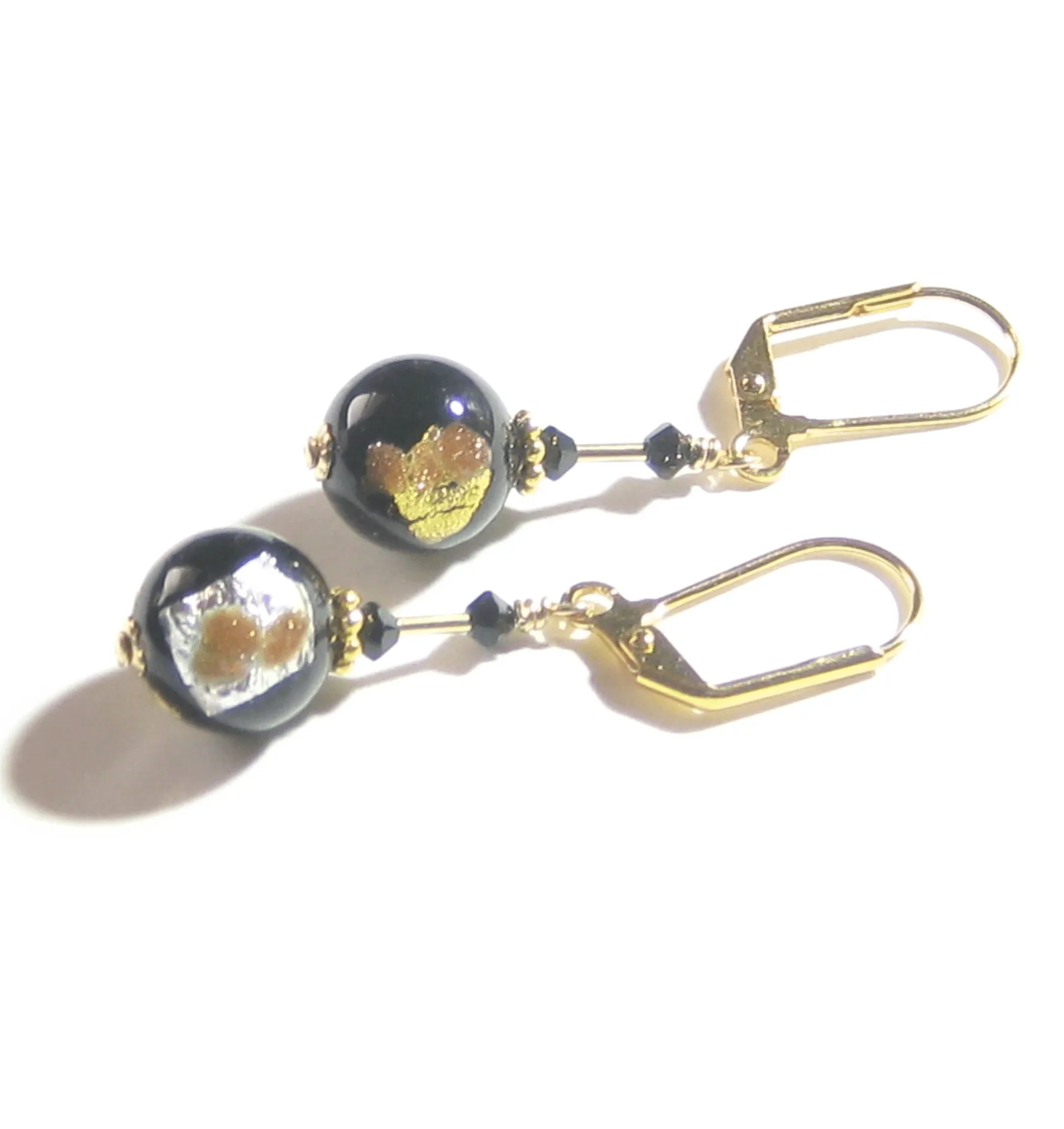 Venetian Glass Black Silver Gold Earrings, Italian Glass Jewelry