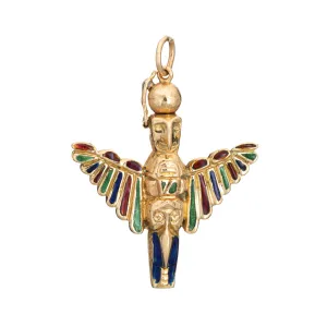 Vintage Aztec Eagle Pendant 18k Yellow Gold Enamel Wings Warrior Bird Jewelry