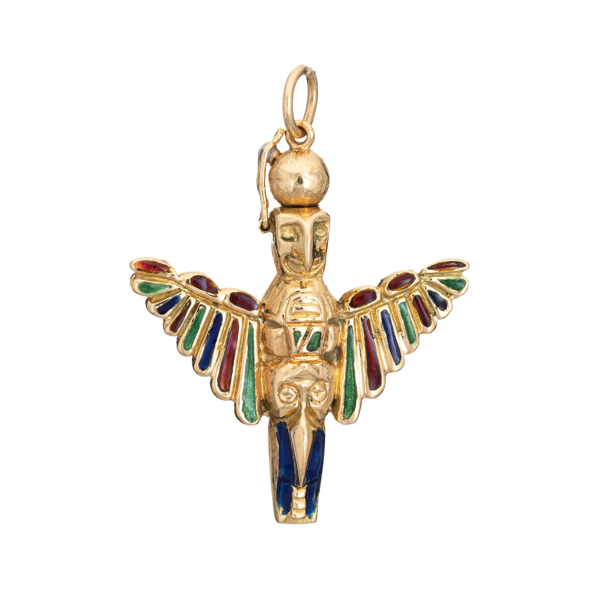 Vintage Aztec Eagle Pendant 18k Yellow Gold Enamel Wings Warrior Bird Jewelry