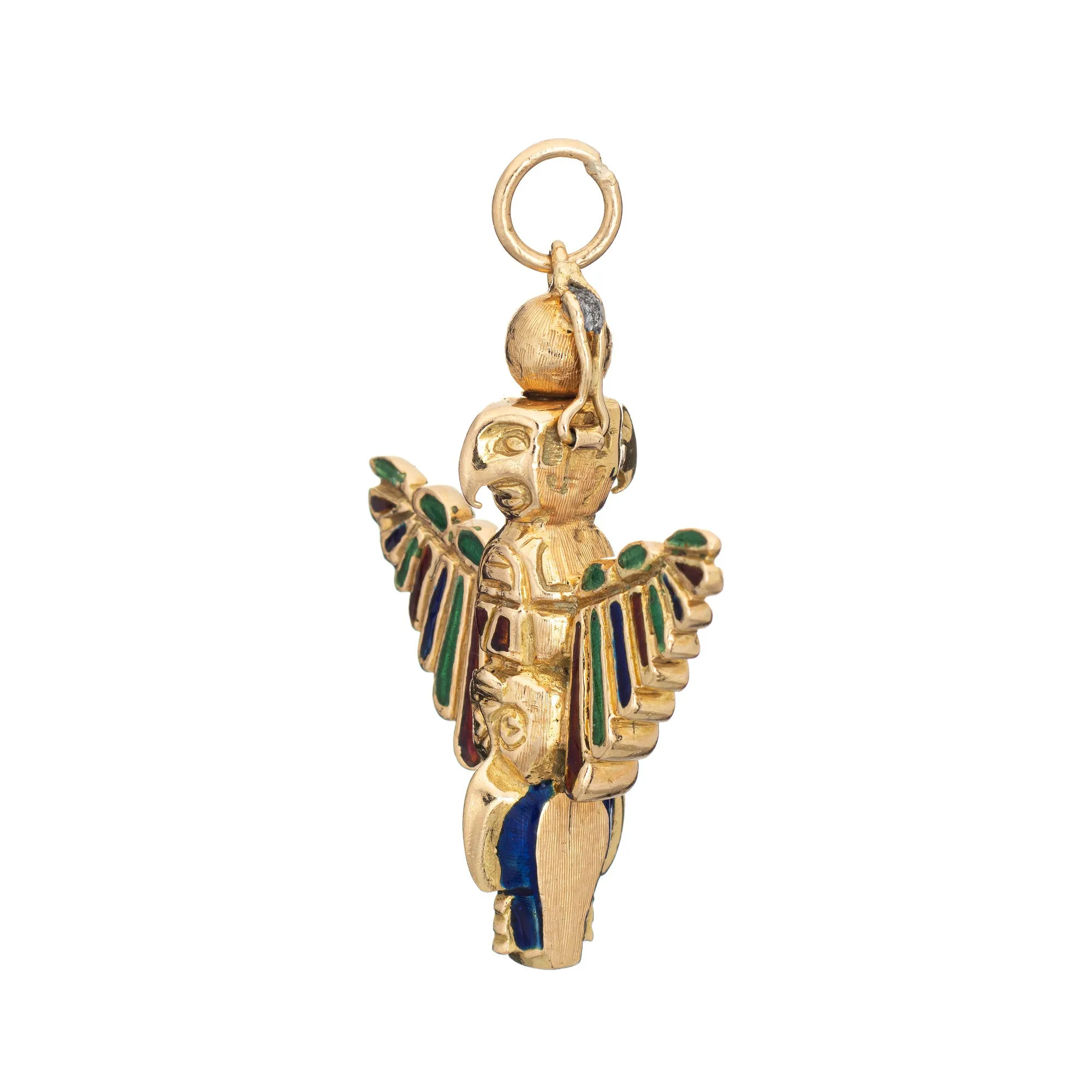 Vintage Aztec Eagle Pendant 18k Yellow Gold Enamel Wings Warrior Bird Jewelry