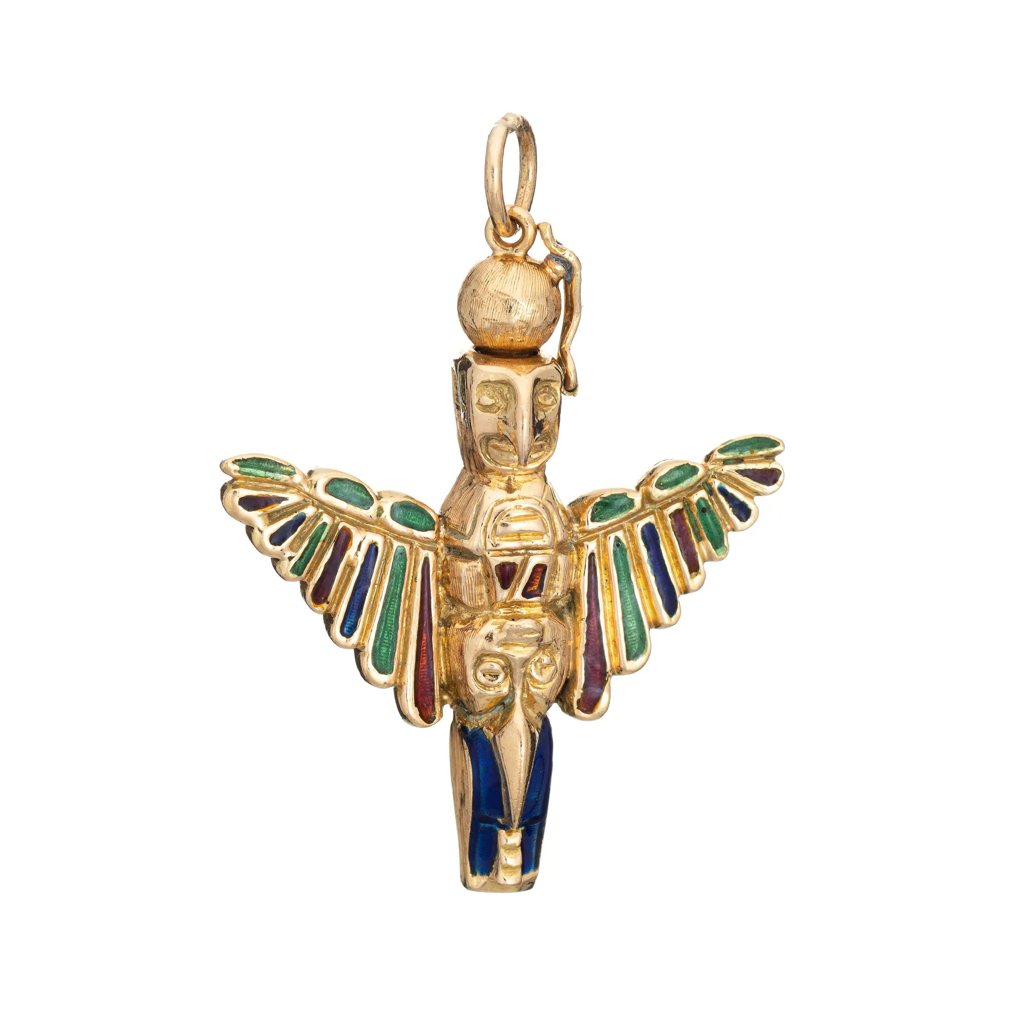 Vintage Aztec Eagle Pendant 18k Yellow Gold Enamel Wings Warrior Bird Jewelry