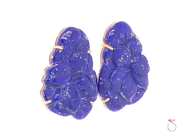 Vintage Carved Lapis Lazuli Floral Earrings