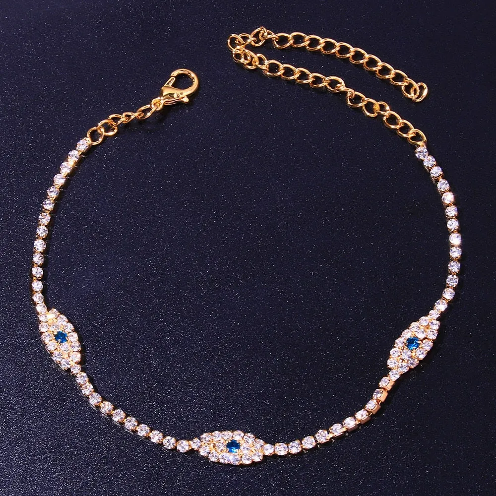 Vintage Evil Eye Anklet Bracelet - Minimalist Beach Jewelry with Cubic Zirconia Gemstone