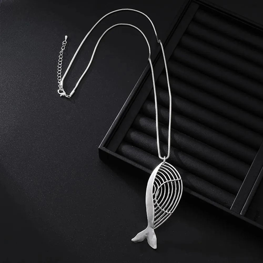 Vintage Hollow Out Fish Shape Long Collares Chains Necklace for Women