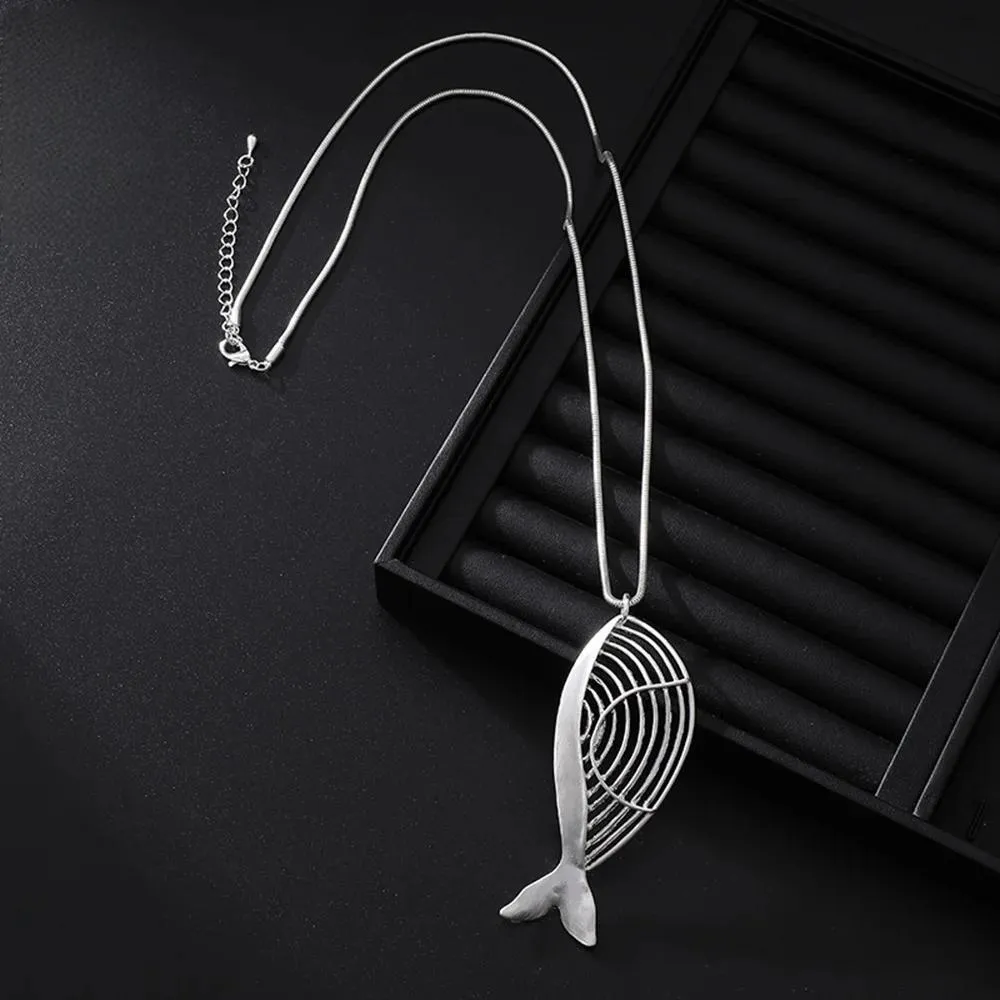 Vintage Hollow Out Fish Shape Long Collares Chains Necklace for Women