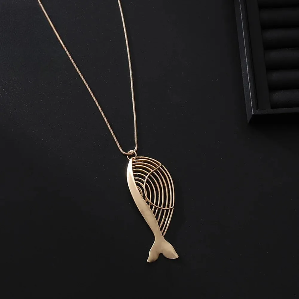 Vintage Hollow Out Fish Shape Long Collares Chains Necklace for Women