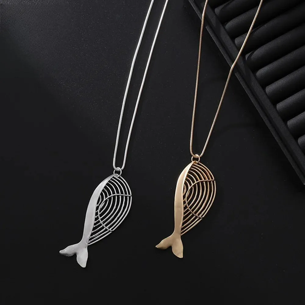 Vintage Hollow Out Fish Shape Long Collares Chains Necklace for Women