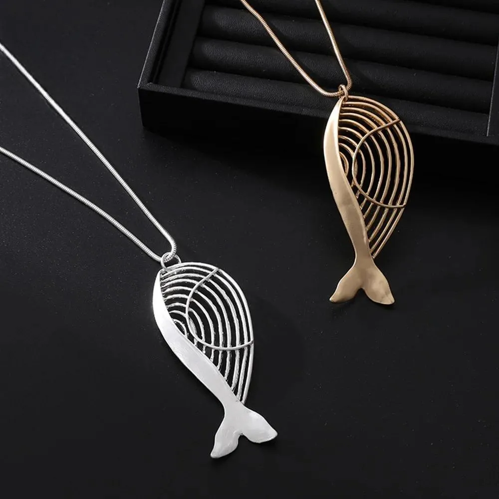 Vintage Hollow Out Fish Shape Long Collares Chains Necklace for Women