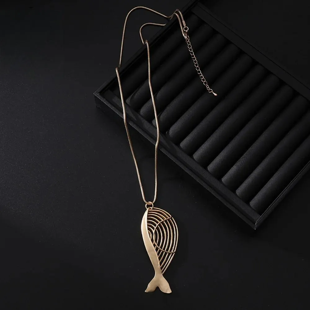 Vintage Hollow Out Fish Shape Long Collares Chains Necklace for Women
