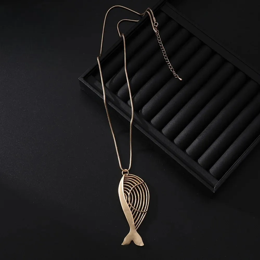 Vintage Hollow Out Fish Shape Long Collares Chains Necklace for Women