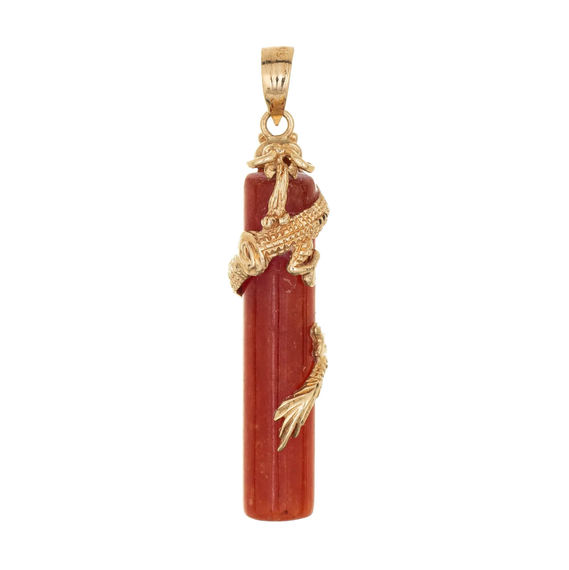 Vintage Orange Jade Dragon Pendant 14k Yellow Gold Small Charm Estate Jewelry