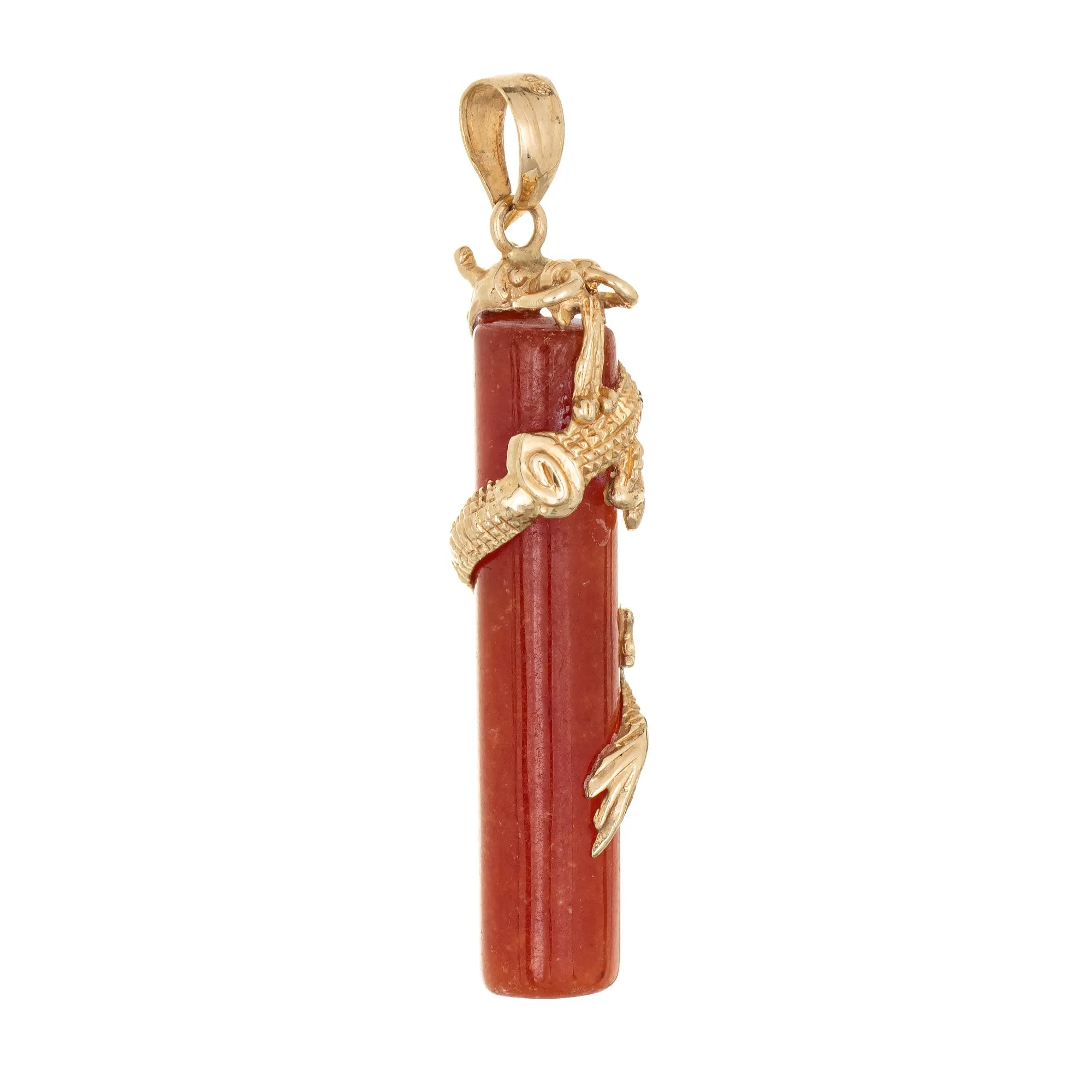 Vintage Orange Jade Dragon Pendant 14k Yellow Gold Small Charm Estate Jewelry