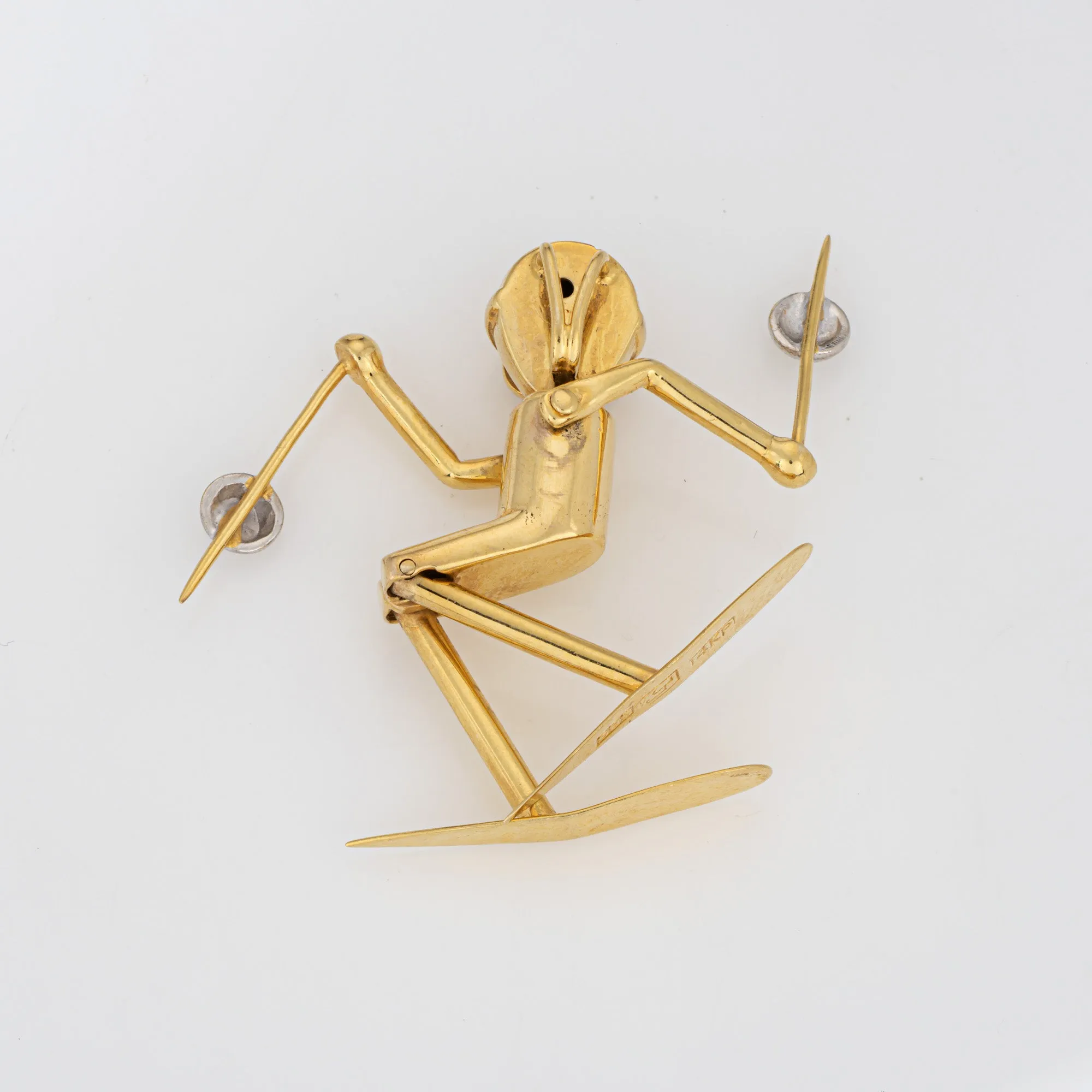Vintage Skier Pendant Articulated Diamond Eyes 14k Yellow Gold Charm Jewelry