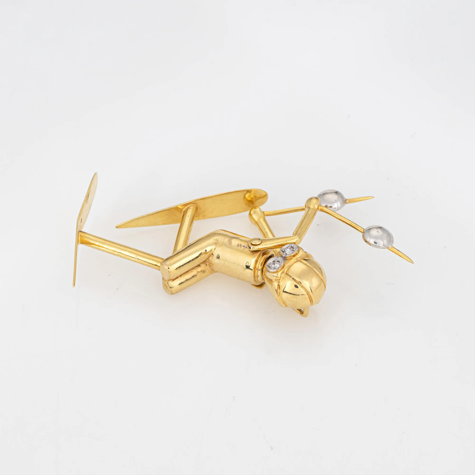 Vintage Skier Pendant Articulated Diamond Eyes 14k Yellow Gold Charm Jewelry