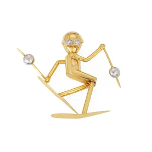 Vintage Skier Pendant Articulated Diamond Eyes 14k Yellow Gold Charm Jewelry